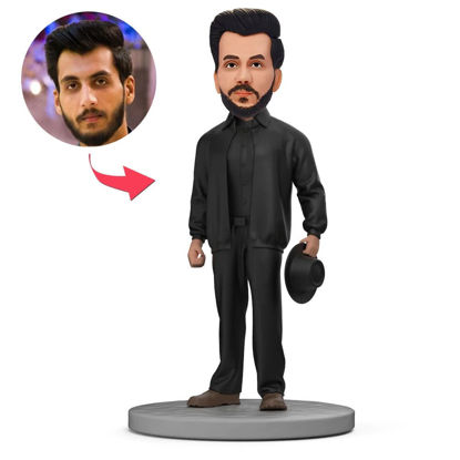 Bild von Custom Bobbleheads: Black Jacket Man With Bowler Hat| Personalized Bobbleheads for the Special Someone as a Unique Gift Idea