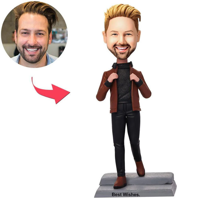 Picture of Custom Bobbleheads: Casual Man In Brown Jacket| Personalized Bobbleheads for the Special Someone as a Unique Gift Idea