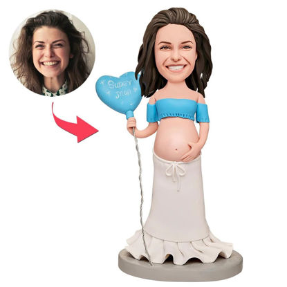 Picture of Custom Bobbleheads: Pregnant Super Mom Holding Balloon| Personalized Bobbleheads for the Special Someone as a Unique Gift Idea
