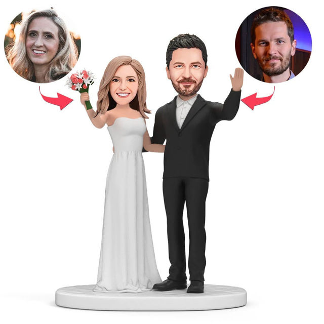 Picture of Custom Bobbleheads:  Couples Waving hands With Flowers | Personalized Bobbleheads for the Special Someone as a Unique Gift Idea