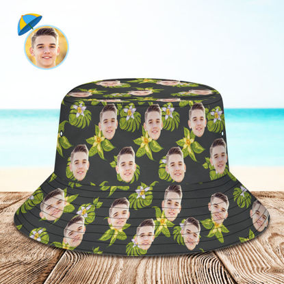 Picture of Custom Bucket Hat Personalized Face All Over Print Tropical Flower Print Hawaiian Fisherman Hat - Green Flower