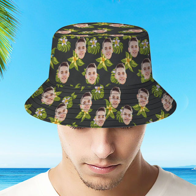 Picture of Custom Bucket Hat Personalized Face All Over Print Tropical Flower Print Hawaiian Fisherman Hat - Green Flower