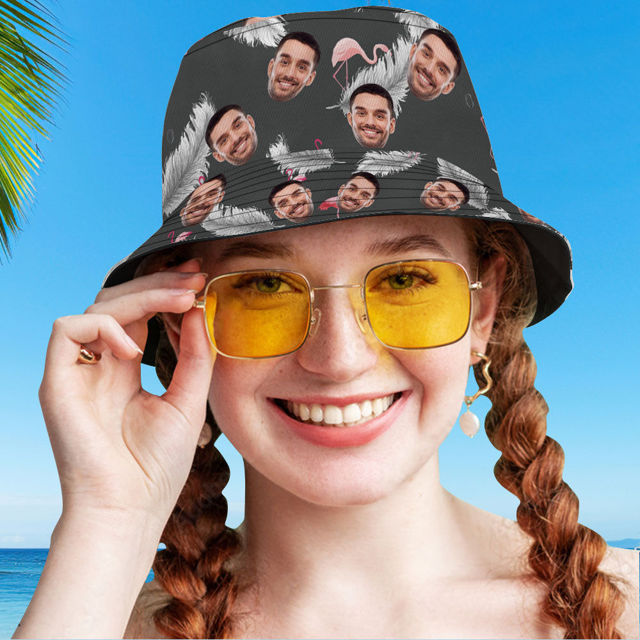Picture of Custom Bucket Hat Personalized Face All Over Print Tropical Flower Print Hawaiian Fisherman Hat - Black Flamingo