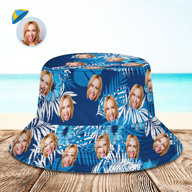 Picture of Custom Bucket Hat Personalized Face All Over Print Tropical Flower Print Hawaiian Fisherman Hat - Blue Leaves