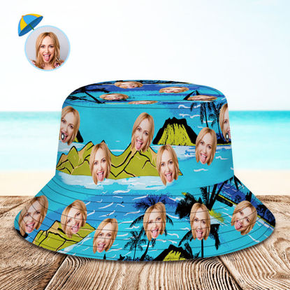 Picture of Custom Bucket Hat Personalized Face All Over Print Tropical Flower Print Hawaiian Fisherman Hat - Sea Mountain