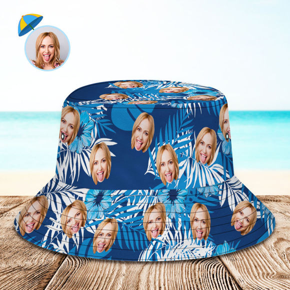 Afbeeldingen van Custom Bucket Hat | Personalized Face All Over Print Tropical Flower Print Hawaiian Fisherman Hat | Blue Leaves | Best Gifts Idea for Birthday, Thanksgiving, Christmas etc.