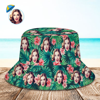 Afbeeldingen van Custom Bucket Hat | Personalized Face All Over Print Tropical Flower Print Hawaiian Fisherman Hat | Red Flower | Best Gifts Idea for Birthday, Thanksgiving, Christmas etc.