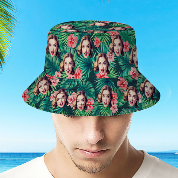 Afbeeldingen van Custom Bucket Hat | Personalized Face All Over Print Tropical Flower Print Hawaiian Fisherman Hat | Red Flower | Best Gifts Idea for Birthday, Thanksgiving, Christmas etc.