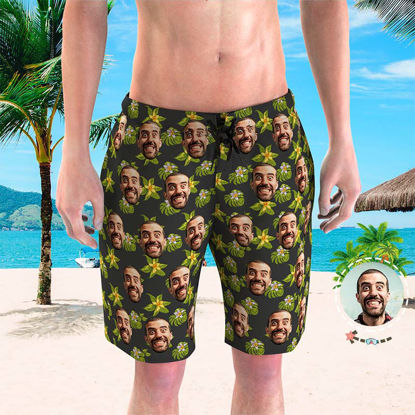 Picture of Custom Photo Beach Short for Men - Personalized Face Photo with Green Leaves - Customized Quick Dry Swimming Trunk as Best Gift for Father or Boyfriend etc.