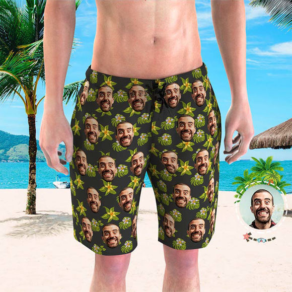 Picture of Custom Photo Beach Short for Men - Personalized Face Photo with Green Leaves - Customized Quick Dry Swimming Trunk as Best Gift for Father or Boyfriend etc.