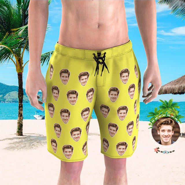 Picture of Custom Photo Face Men's Beach Pants - Personalized Face Photo with Drawstring - Multi Faces Quick Dry Swim Trunk, for Father's Day Gift or Boyfriend etc.
