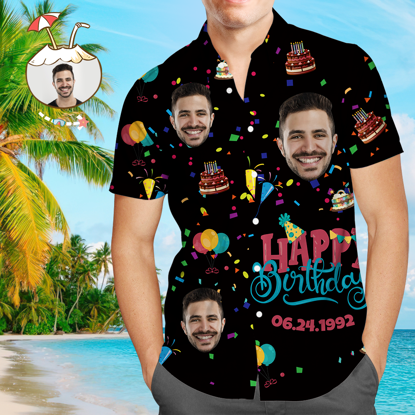 Bild von Benutzerdefiniertes Gesicht „Happy Birthday“-Hawaiihemd für Herren, All-Over-Print, einzigartiges Geburtstagsgeschenk