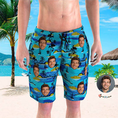 Picture of Custom Photo Beach Short for Men - Personalized Face Photo with Blue Sea - Customized Quick Dry Swimming Trunk as Best Gift for Father or Boyfriend etc.
