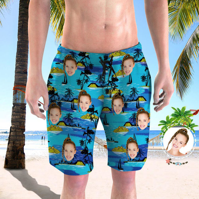 Picture of Custom Photo Beach Short for Men - Personalized Face Photo with Blue Sea - Customized Quick Dry Swimming Trunk as Best Gift for Father or Boyfriend etc.