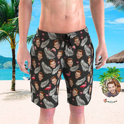 Picture of Custom Photo Beach Short for Men - Personalized Face Photo with Flamingo - Customized Quick Dry Swimming Trunk as Best Gift for Father or Boyfriend etc