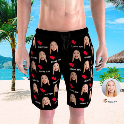 Imagen de Pantalón de playa para hombre con cara de foto personalizada - Copia de cara personalizada con texto - Tronco de baño de secado rápido de caras múltiples, para regalo del día del padre o novio, etc.