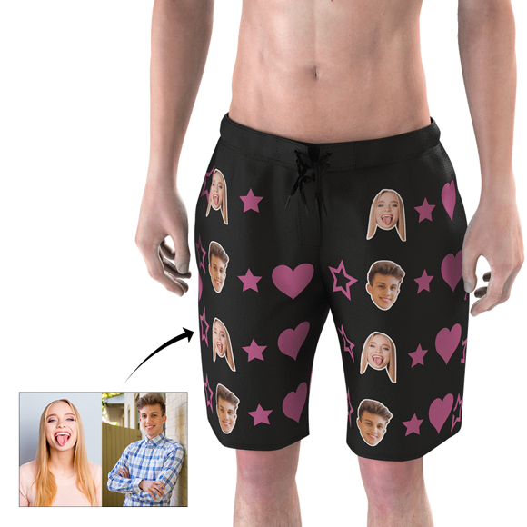 Picture of Custom Photo Beach Short for Men - Personalized Face Photo with Star - Customized Quick Dry Swimming Trunk as Best Gift for Father or Boyfriend etc