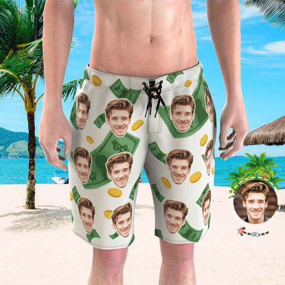 Picture of Custom Photo Face Men's Beach Pants - Personalized Face Copy with US Dollar - Men's Quick Dry Swim Trunk, for Father's Day Gift or Boyfriend etc.