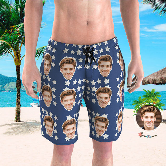 Picture of Custom Photo Face Men's Beach Pants - Personalized Face with Small Stars - Multi Faces Quick Dry Swim Trunk - Father's Day Gift or Boyfriend etc.