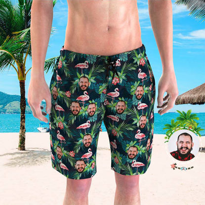 Picture of Custom Photo Beach Short for Men - Personalized Face Photo with Green Leaves  - Customized Quick Dry Swimming Trunk as Best Gift for Father or Boyfriend etc
