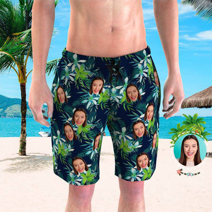 Picture of Custom Photo Beach Short for Men - Personalized Face Photo with White Flower - Customized Quick Dry Swimming Trunk as Best Gift for Father or Boyfriend etc