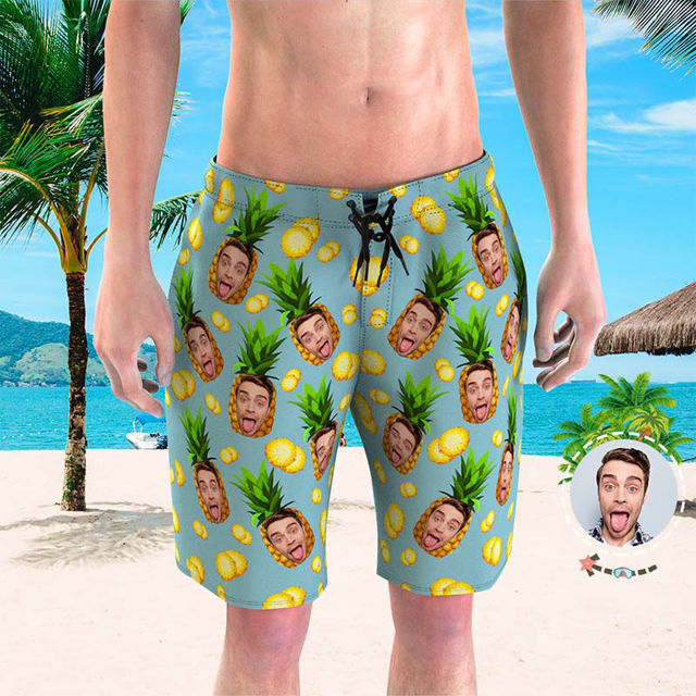 Picture of Custom Photo Beach Short for Men - Personalized Face Photo with Pineapple - Customized Quick Dry Swimming Trunk as Best Gift for Father or Boyfriend etc