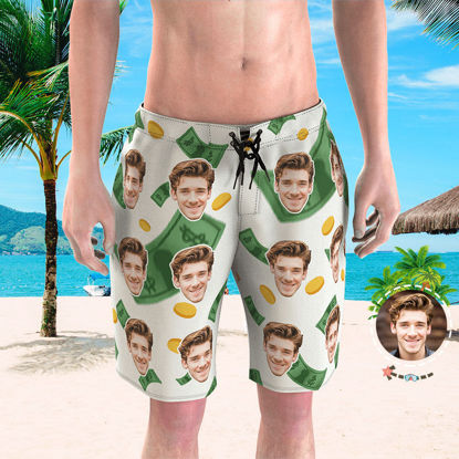 Image de Pantalon de plage pour homme avec photo personnalisée - Copie personnalisée avec dollar américain - Maillot de bain à séchage rapide pour homme, pour cadeau de fête des pères ou petit ami, etc.