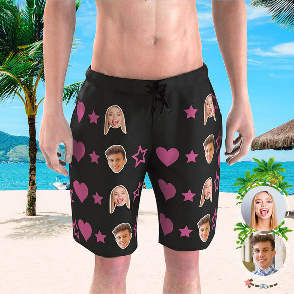 Afbeeldingen van Custom Photo Face Men's Beach Pants - Personalized Face Copy with Heart & Star - Men's Quick Dry Swim Trunk, for Father's Day Gift or Boyfriend
