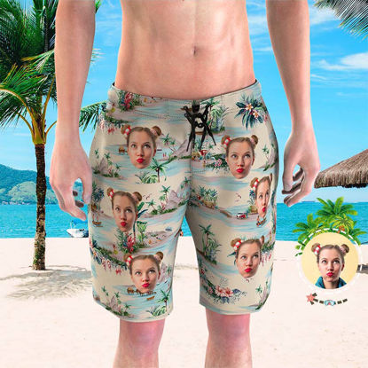 Afbeeldingen van Custom Photo Face Men's Beach Pants - Personalized Face Copy with White Beach - Men's Quick Dry Swim Trunk, for Father's Day Gift or Boyfriend