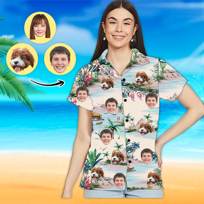 Afbeeldingen van Custom Photo Face Hawaiian Shirt - Custom Photo Short Sleeve Button Down Hawaiian Shirt - Best Gifts for Women -  White Beach T-Shirts as Holiday Gift