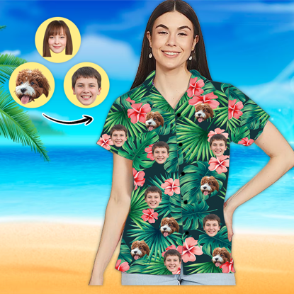 Afbeeldingen van Custom Photo Face Hawaiian Shirt - Custom Photo Short Sleeve Button Down Hawaiian Shirt - Best Gifts for Women -  Red Summer Flower T-Shirts as Holiday Gift