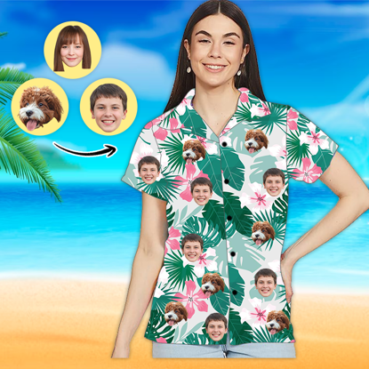 Afbeeldingen van Custom Photo Face Hawaiian Shirt - Custom Photo Short Sleeve Button Down Hawaiian Shirt - Best Gifts for Women - Pink Flower T-Shirts as Holiday Gift
