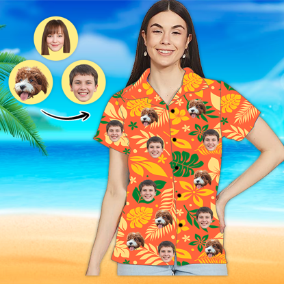 Afbeeldingen van Custom Photo Face Hawaiian Shirt - Custom Photo Short Sleeve Button Down Hawaiian Shirt - Best Gifts for Women - Orange Leaves T-Shirts as Holiday Gift