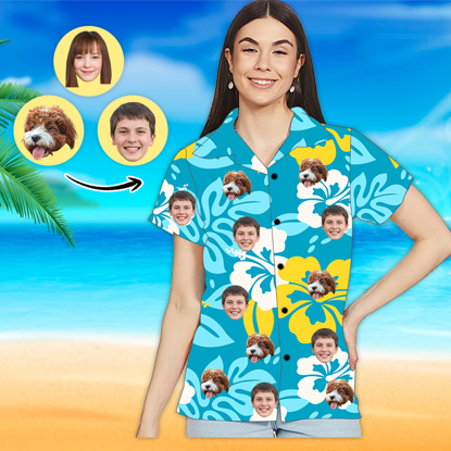Afbeeldingen van Custom Photo Face Hawaiian Shirt - Custom Photo Short Sleeve Button Down Hawaiian Shirt - Best Gifts for Women - Blue Leaves T-Shirts as Holiday Gift