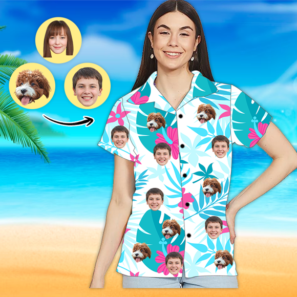 Afbeeldingen van Custom Photo Face Hawaiian Shirt - Custom Photo Short Sleeve Button Down Hawaiian Shirt - Best Gifts for Women - Copy Leaves T-Shirts as Holiday Gift