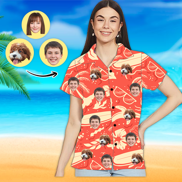 Afbeeldingen van Custom Photo Face Hawaiian Shirt - Custom Photo Short Sleeve Button Down Hawaiian Shirt - Best Gifts for Women - Orange Leaves in Summer T-Shirts as Holiday Gift