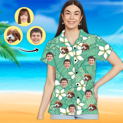 Afbeeldingen van Custom Photo Face Hawaiian Shirt - Custom Photo Short Sleeve Button Down Hawaiian Shirt - Best Gifts for Women - Green Line Draft T-Shirts as Holiday Gift