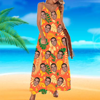 Afbeeldingen van Aangepaste Hawaiiaanse jurk - Custom Women's Face Photo All Over Print Hawaiian Dress - Orange Leaves - Beste cadeaus voor vrouwen - Strandfeestjurk als vakantiegeschenk - kopiëren