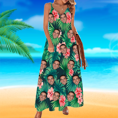 Image de Robe hawaïenne personnalisée - Photo de visage de femme personnalisée sur toute la robe hawaïenne - Motif bleu - Meilleurs cadeaux pour femmes - Robe de soirée sur la plage comme cadeau de vacances - copie