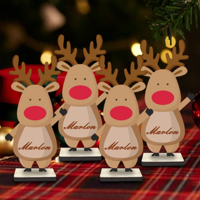Picture of Personalized Name Wooden Placeholder Ornaments - Custom Cartoon Reindeer Snowman Place Cards - Handmade Christmas Ornaments