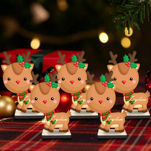 Afbeeldingen van Gepersonaliseerde houten naamkaartjes voor tafelaankleding - Aangepaste cartoon rendieren sneeuwpop plaatskaartjes - Handgemaakte kerstversieringen - Beste cadeau-idee voor dierenliefhebbers voor verjaardag, Thanksgiving, Kerstmis enz.