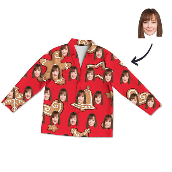 Imagen de Conjunto de pijamas de manga larga con foto de cara personalizada en estilo navideño rojo: el mejor regalo para un amante, un familiar, etc.