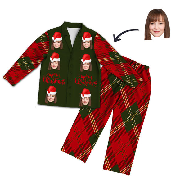 Imagen de Conjunto de pijama de manga larga rojo con foto de cara personalizada estilo navideño Feliz Navidad: el mejor regalo para sus seres queridos, familiares y más.