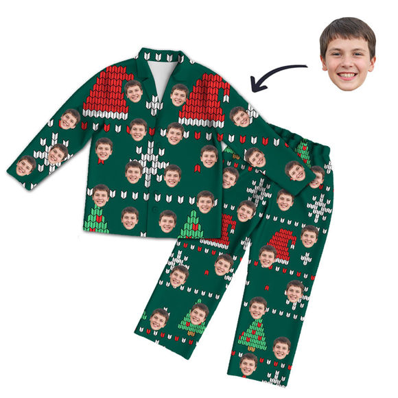 Bild von Personalisiertes, langärmliges Pyjama-Set mit Gesichtsfoto in Grün im Weihnachtsstil – das beste Geschenk für Ihre Lieben, Familie usw.