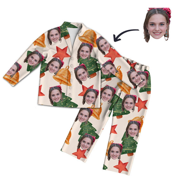 Picture of Customized Face Photo Long Sleeve Pajama Set Beige Christmas Style - Best gift for your loved ones, family and more.