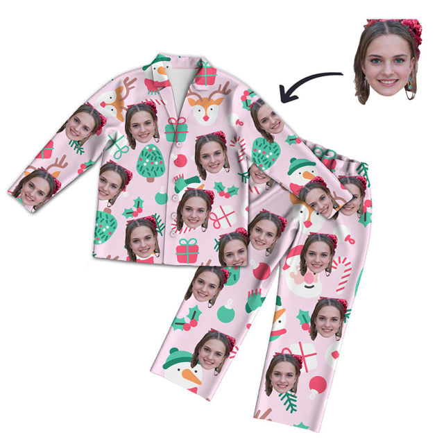 Picture of Customized Face Photo Pink Long Sleeve Pajama Set Christmas Style - Best gift for your loved ones, family and more.