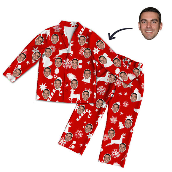Imagen de Conjunto de pijama rojo de manga larga con foto de cara personalizada, estilo navideño: el mejor regalo para sus seres queridos, familiares, etc.