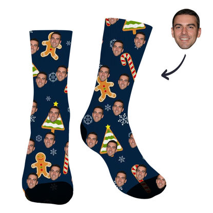 Picture of Christmas Style Customized Face Photo Blue Christmas Socks - Best gift for family, friends, etc.