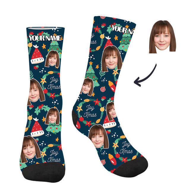 Picture of Christmas Style Customized Face Photo Blue Socks  - Best gift for family, friends and more.