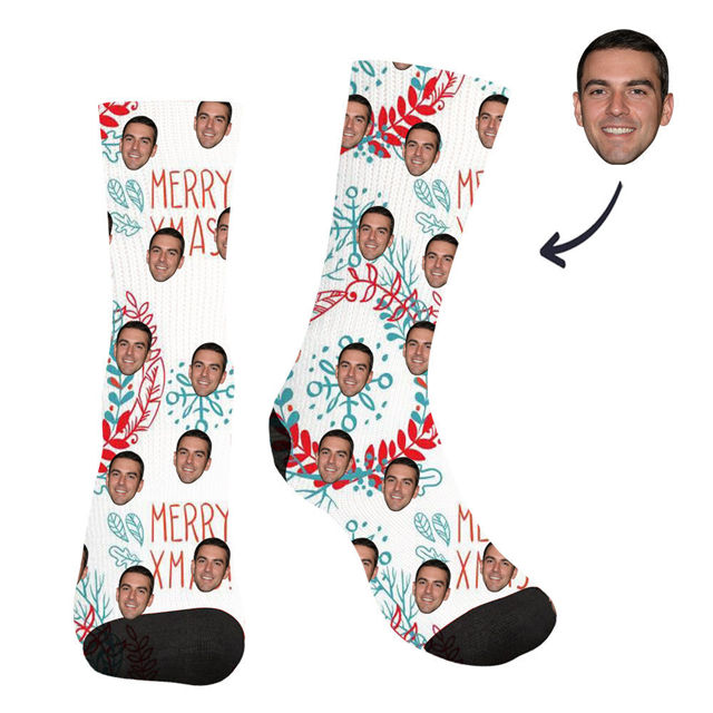 Picture of Christmas style Customized face photo white socks MERRY XMAS- The best gift for family, friends, etc.
